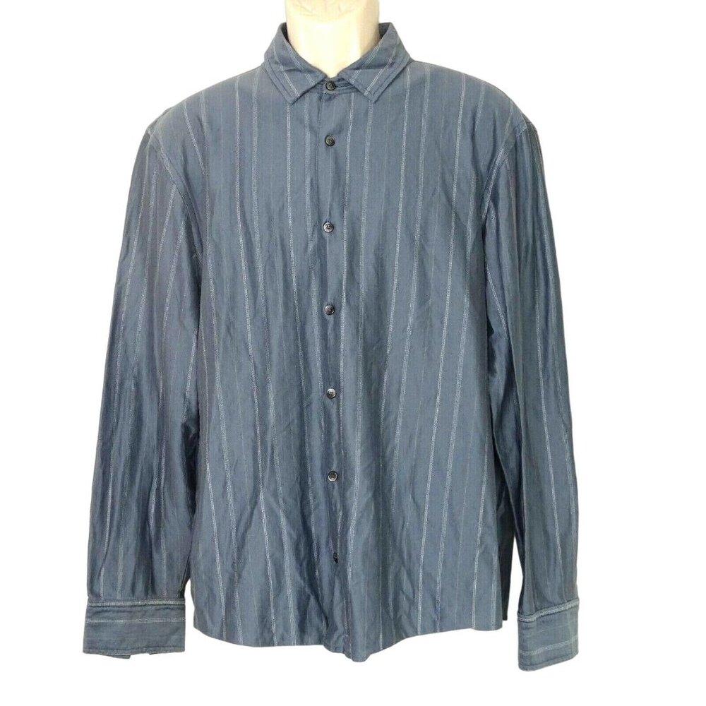 Calvin Klein Button Front Knit Shirt Men Size L Blue-Gray Stripe Long Sleeve